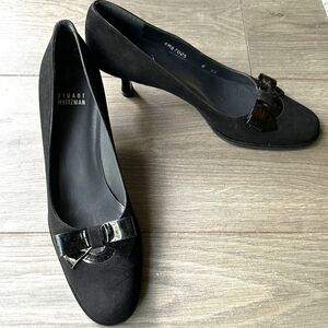 Vtg Stuart Weitzman US 8 SS Slim Black Suede Bow Kitten Heels Y2K Pumps